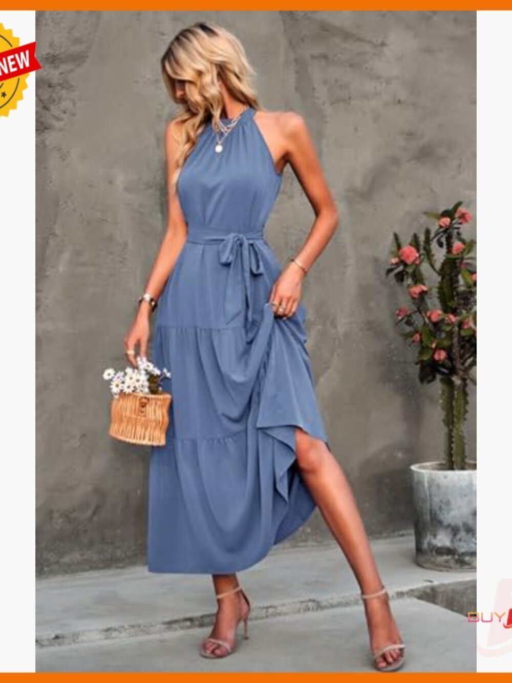 Summer Maxi Dress Sleeveless Halter Flowy Ruffle Hem with Belt Boho - Picture 4 of 7